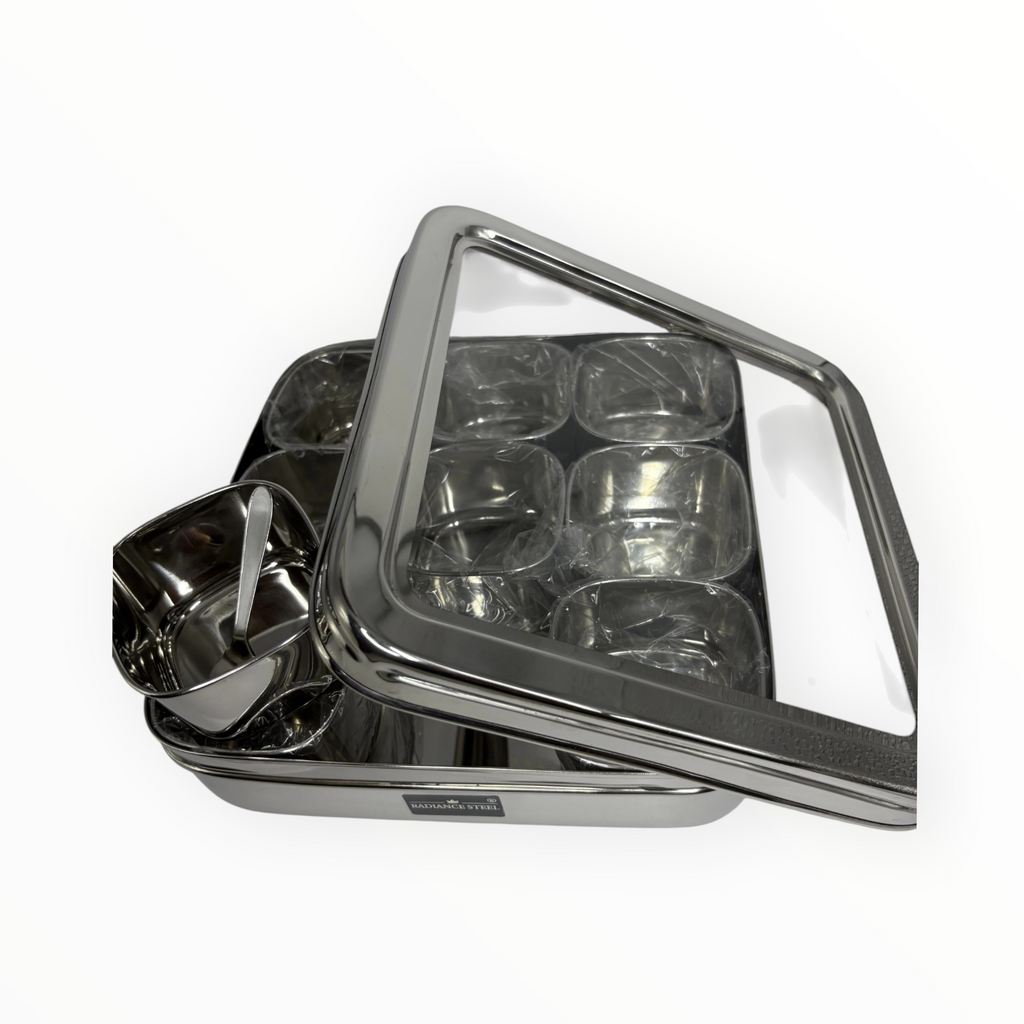 Radiant Steel 9 square masala dabba see through