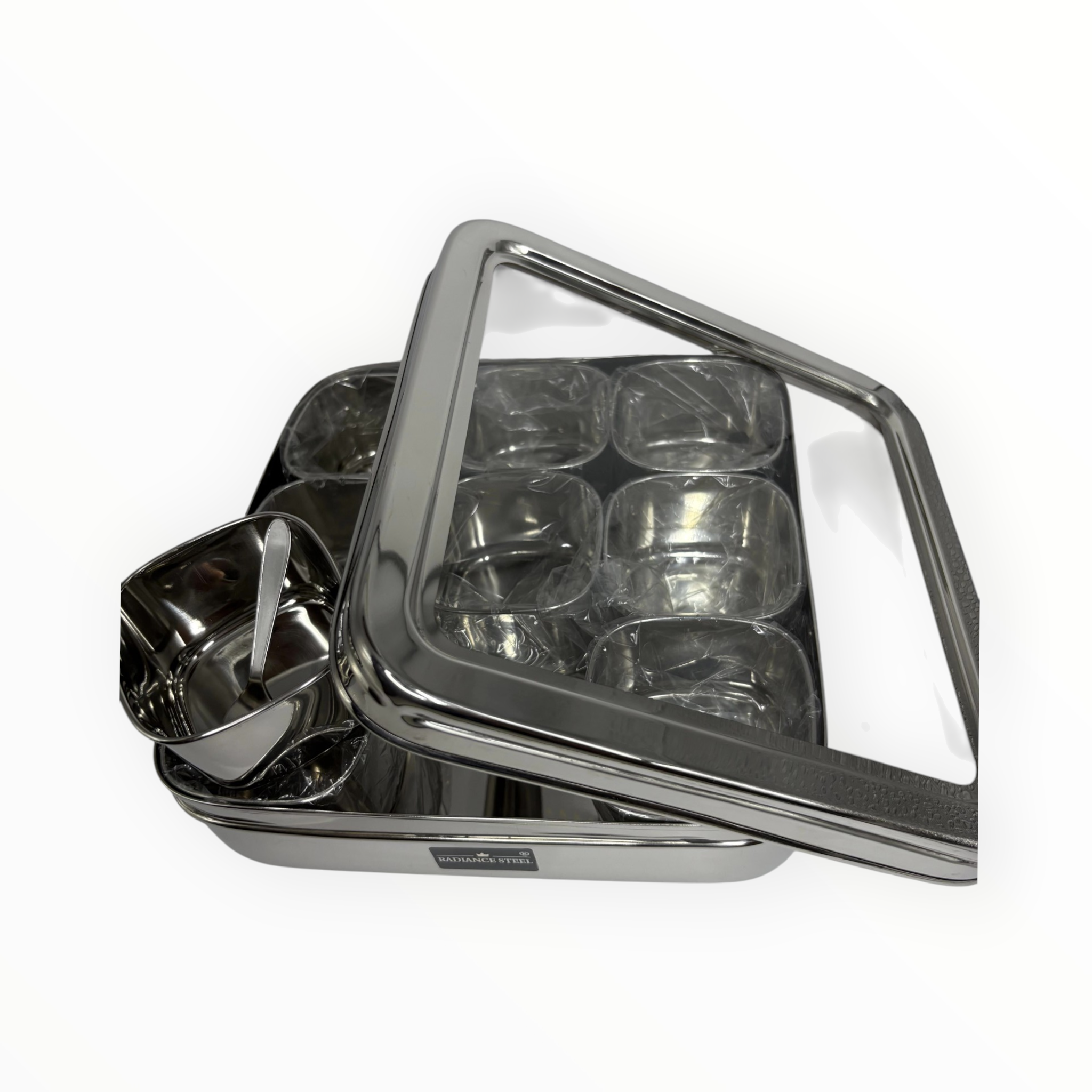 Radiant Steel 9 square masala dabba see through