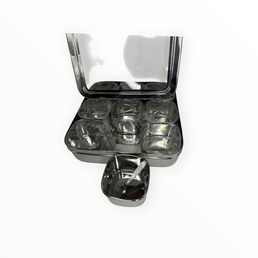 Radiant Steel 9 square masala dabba see through