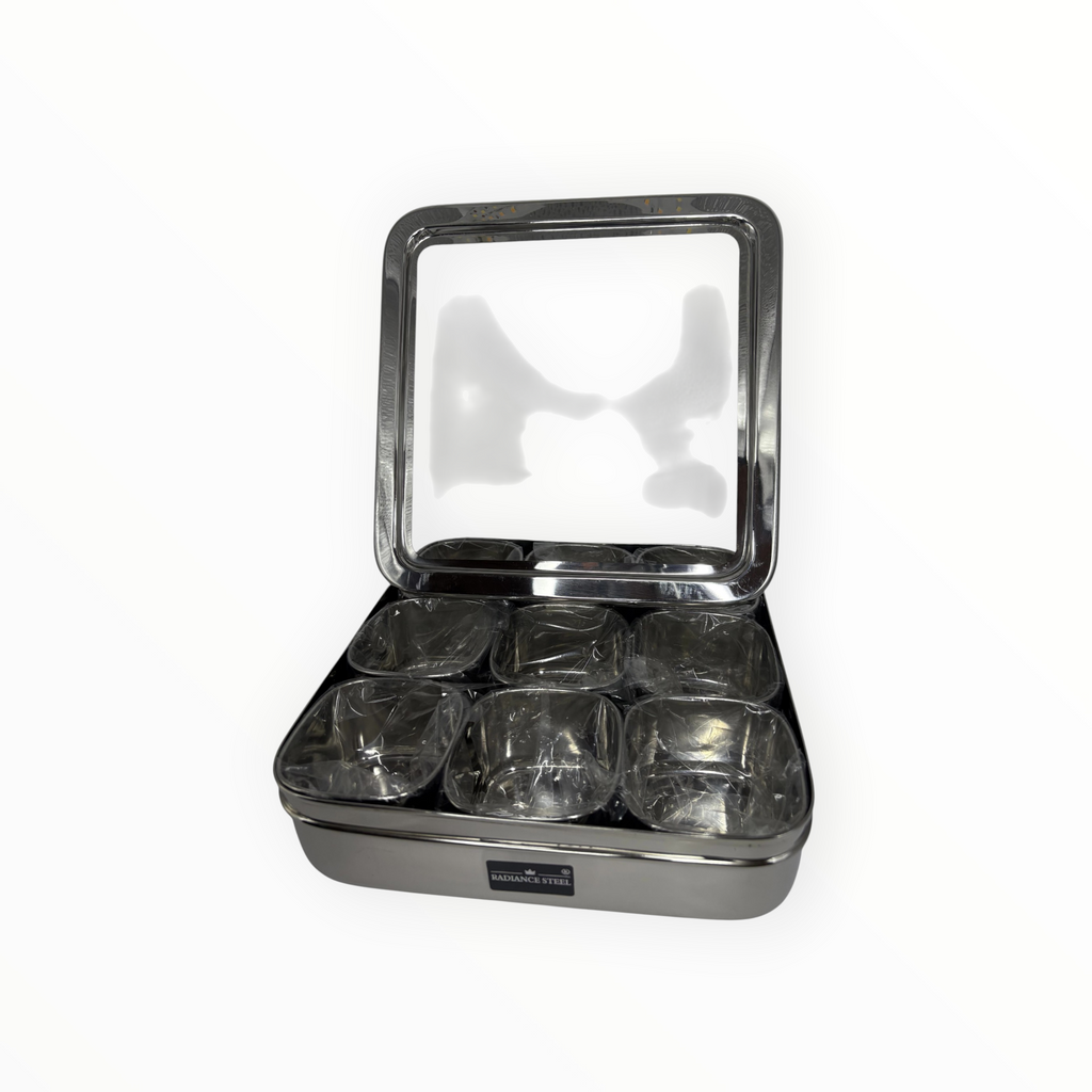 Radiant Steel 9 square masala dabba see through