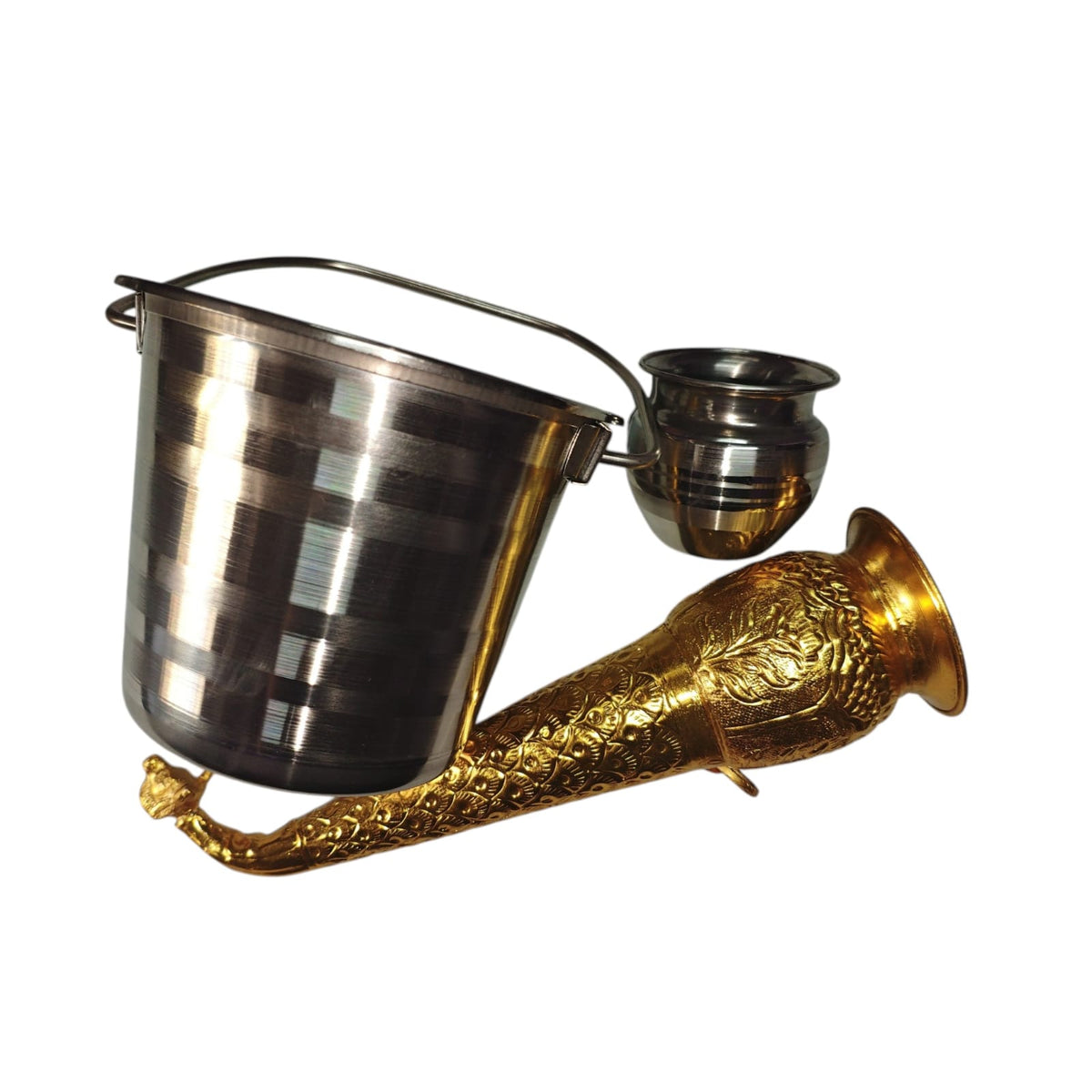 Golden Shingri (Gaumukhi) + Steel Water Bucket + Staineless Steel Lota