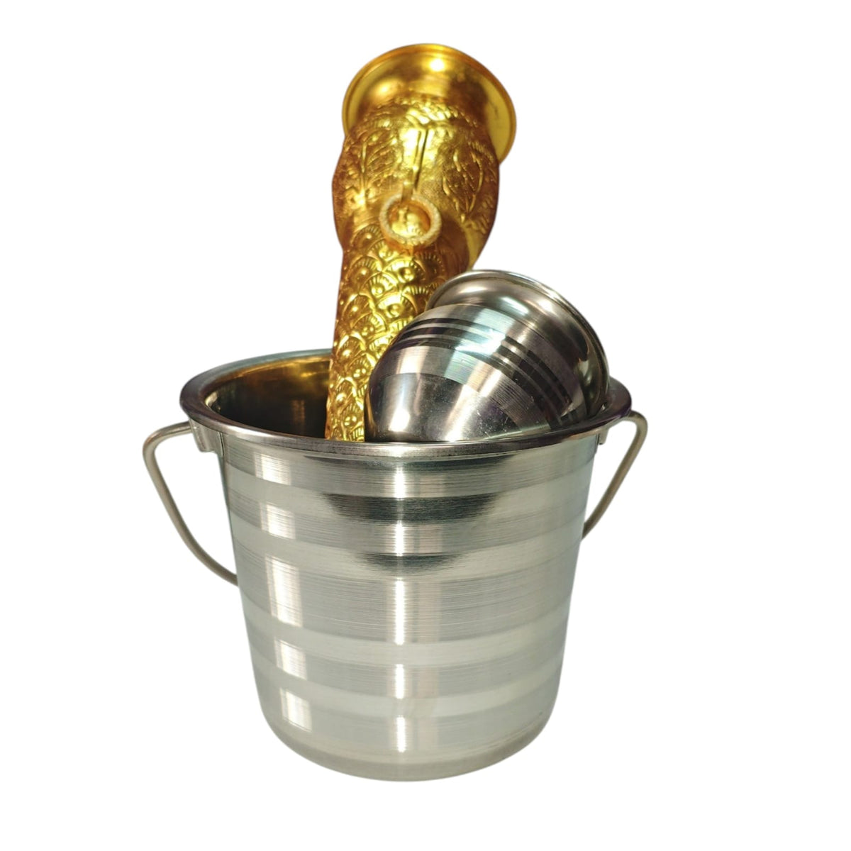 Golden Shingri (Gaumukhi) + Steel Water Bucket + Staineless Steel Lota